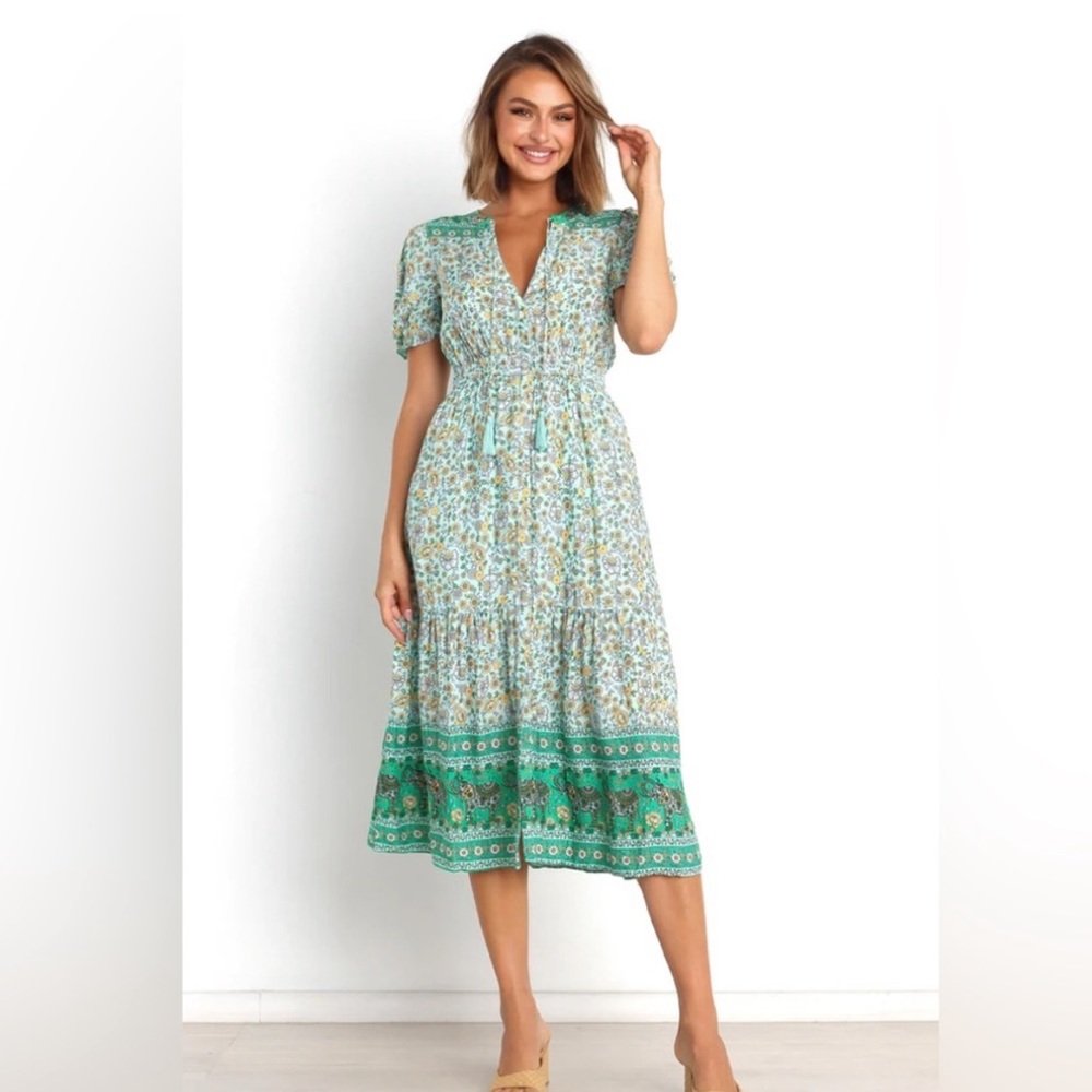 Petal + Pup Leighton Midi dress green boho tiered tassels neck tie size 8